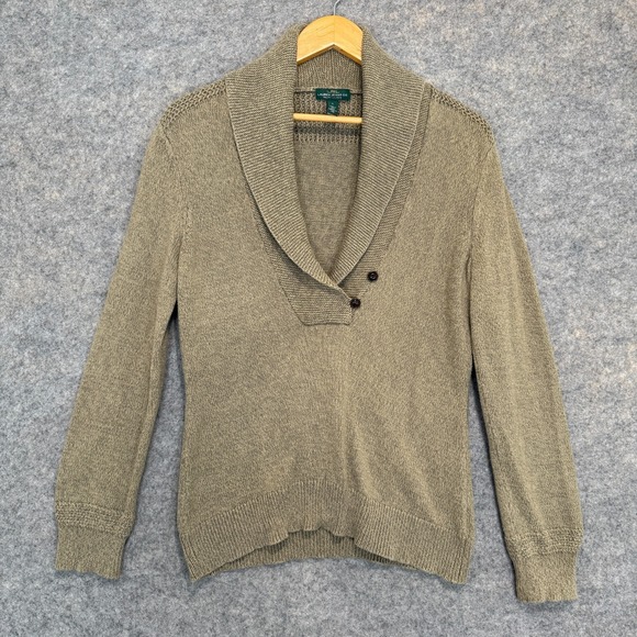 Lauren Ralph Lauren Sweaters - Lauren Ralph Lauren Shawl Henley Cardigan Sweater Womens Large Tan‎ Knit Crochet